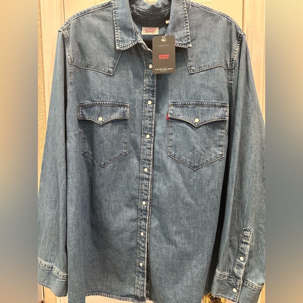 Levi's Blue Denim Western Shirt with Red Logo Tag - Picture 2 of 6